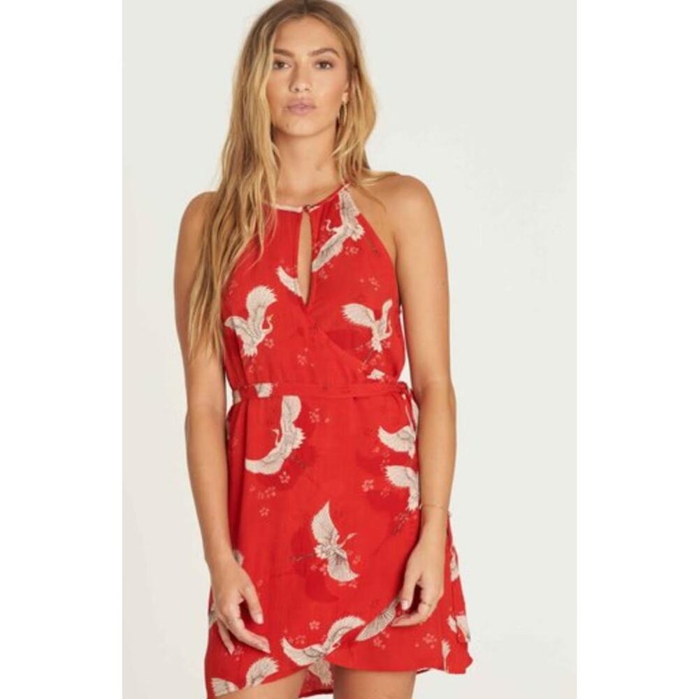 Billabong Red Bird Print Wrap Dress Surfer Girl Beachy Red XS